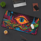 Shire playmat featuring psychedelic art of colorful landscapes with an eye design and a vibrant forest setting.
