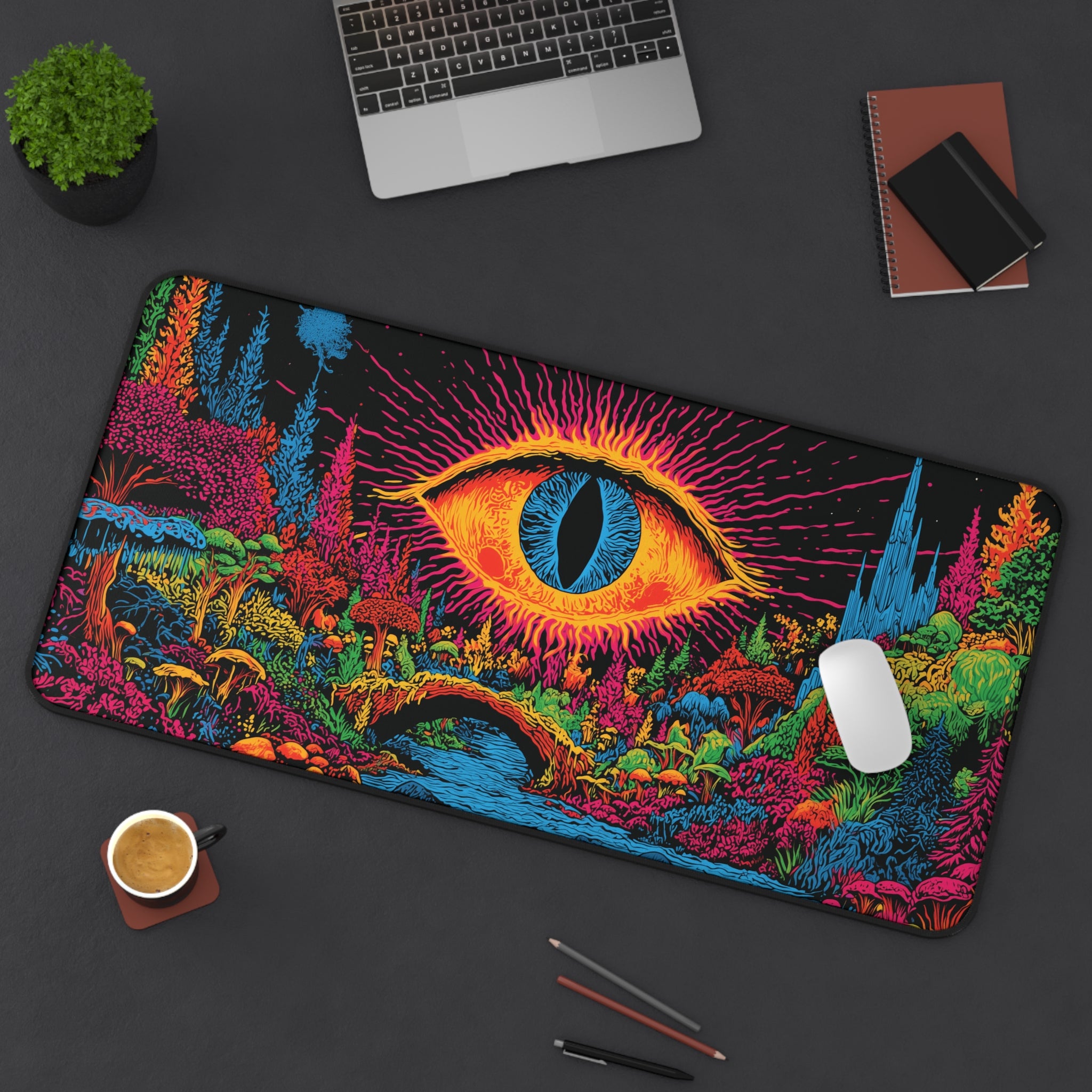 Shire playmat featuring psychedelic art of colorful landscapes with an eye design and a vibrant forest setting.