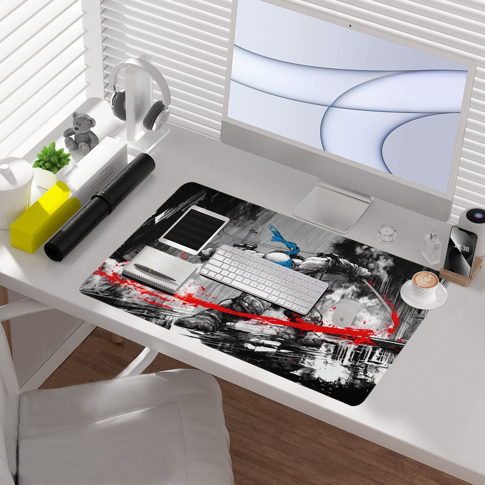 Leonardo TMNT borderless playmat on a desk showcasing black noir art and gaming accessories.