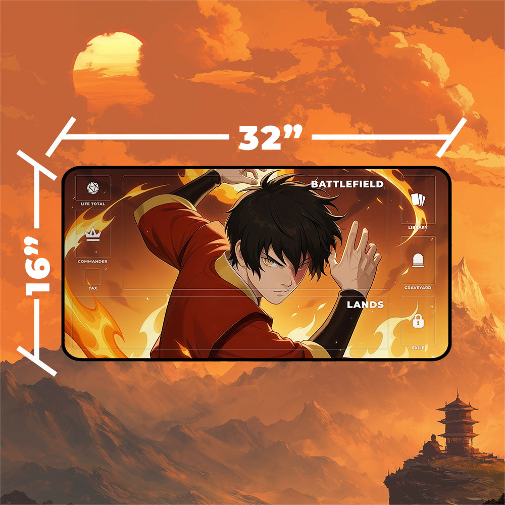 Zuko Playmat | Magic the Gathering Playmat | Firebending Action Anime Art With MTG Zones | 24x14 | 32x16 Sizes