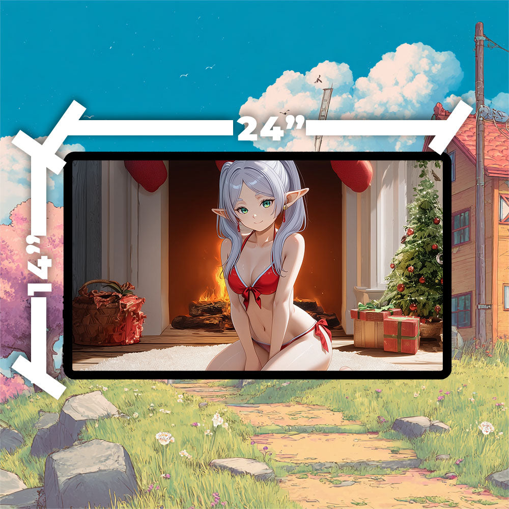 Frieren Holiday Playmat | Anime TCG Playmat | Cute Sexy Red Bikini Christmas Design No Zones Option | 24x14 | 32x16 Sizes