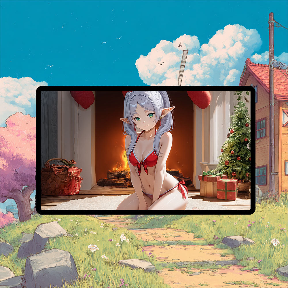 Frieren Holiday Playmat | Anime TCG Playmat | Cute Sexy Red Bikini Christmas Design No Zones Option | 24x14 | 32x16 Sizes