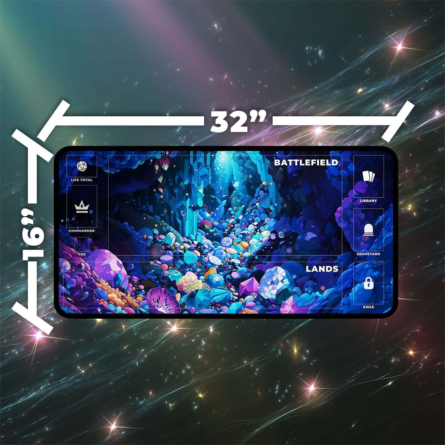 Gemstone Caverns Playmat | Magic the Gathering Playmat | Vibrant MTG Playmat with Zones Option | 24x14 | 22x12 | 32x16 Sizes
