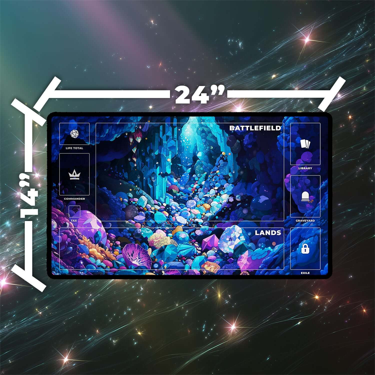 Gemstone Caverns Playmat | Magic the Gathering Playmat | Vibrant MTG Playmat with Zones Option | 24x14 | 22x12 | 32x16 Sizes