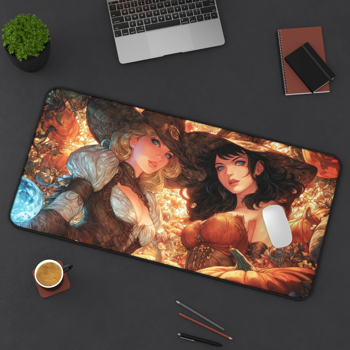 Halloween Witches Playmat | TCG Playmat | Beautiful Witch Artwork Pumpkin Fall Theme No Zones Option | 24x14 | 32x16 Sizes