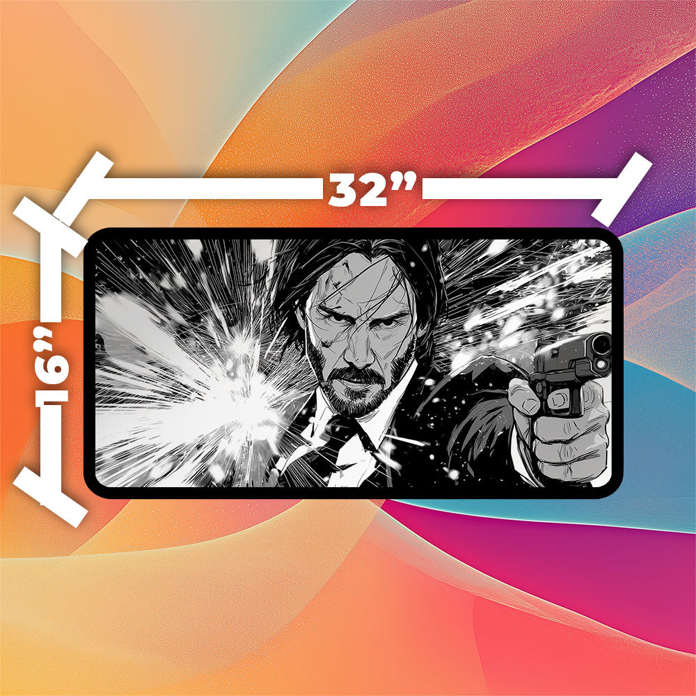 John Wick Playmat | TCG Playmat | Black & White Manga-style Design No Zones Option | 24x14 | 32x16 Sizes