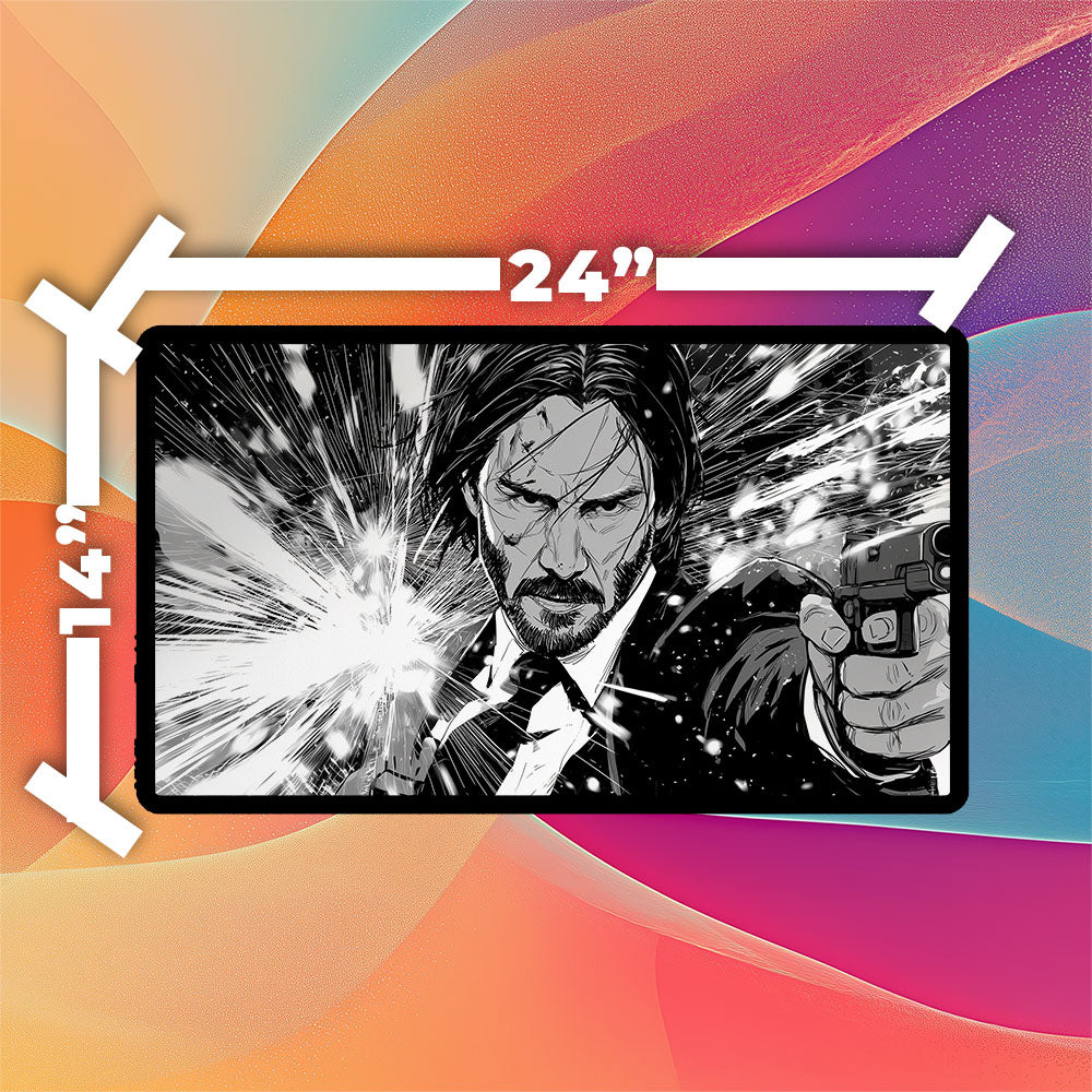 John Wick Playmat | TCG Playmat | Black & White Manga-style Design No Zones Option | 24x14 | 32x16 Sizes