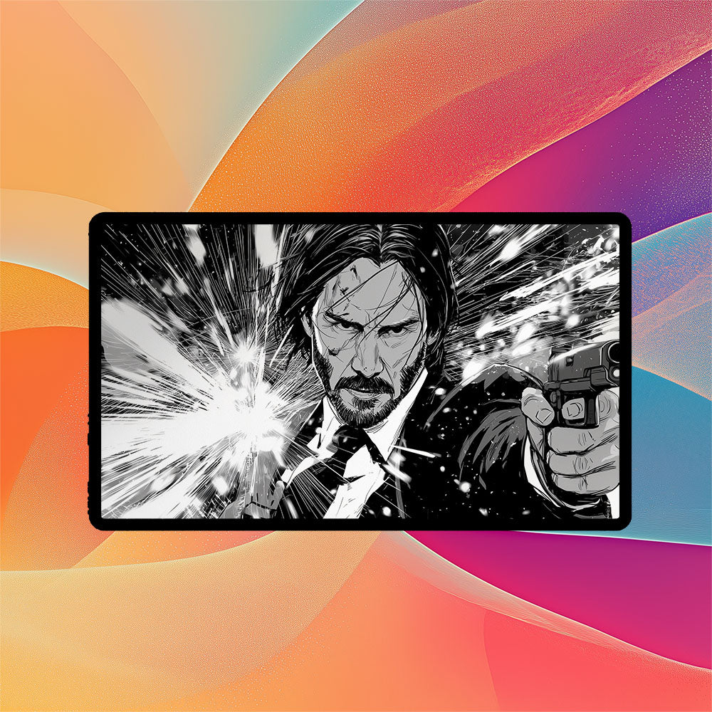 John Wick Playmat | TCG Playmat | Black & White Manga-style Design No Zones Option | 24x14 | 32x16 Sizes