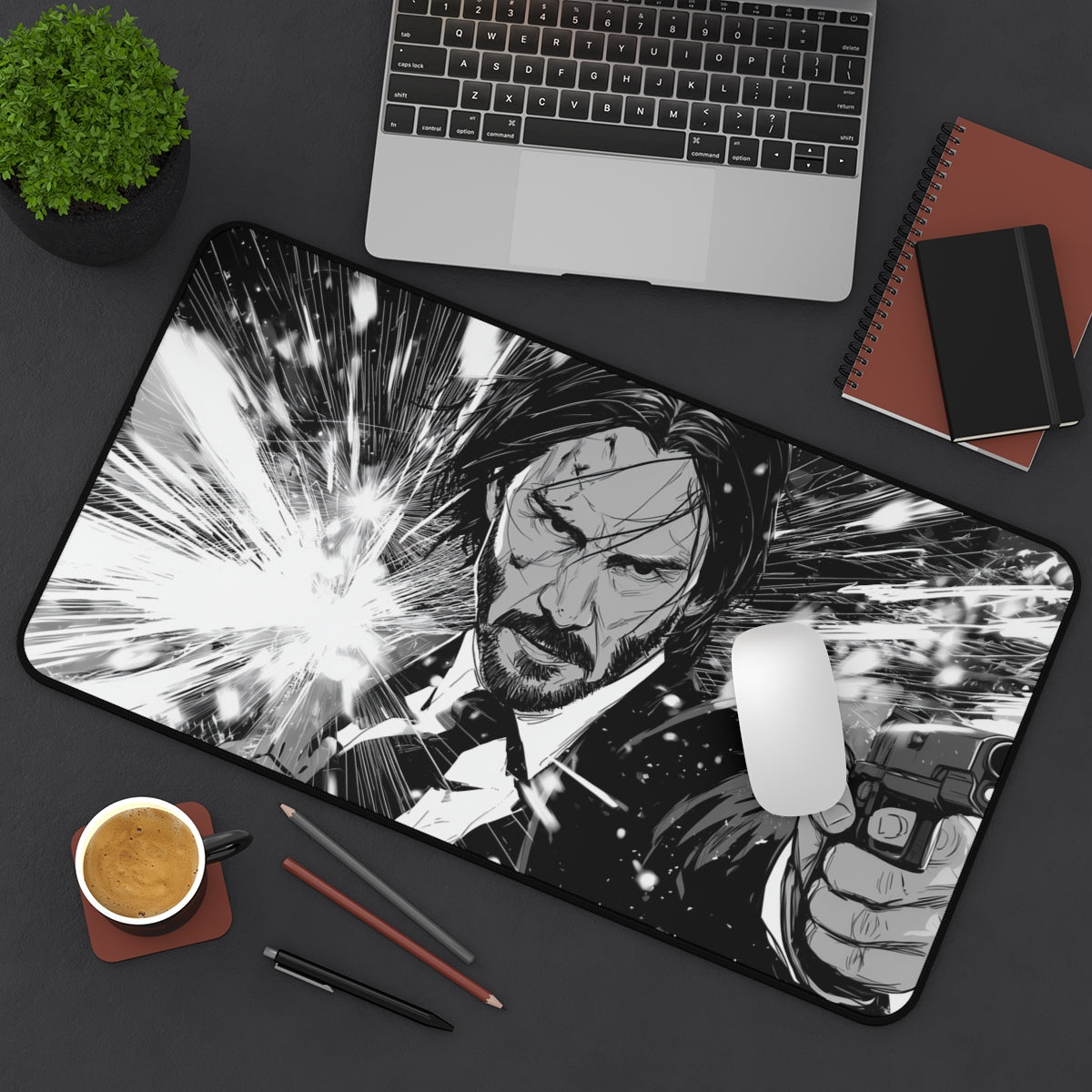 John Wick Playmat | TCG Playmat | Black & White Manga-style Design No Zones Option | 24x14 | 32x16 Sizes
