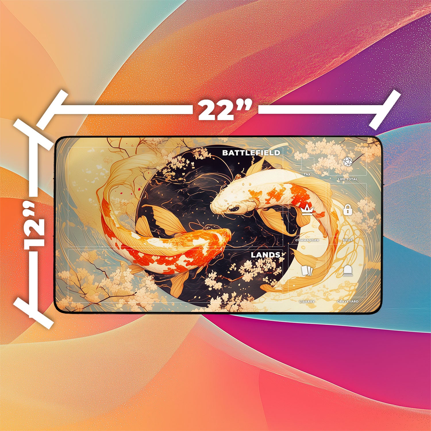 Koi Yin-Yang Playmat | TCG Playmat | Japanese Cherry Blossoms with Zones Option | 24x14 | 22x12 | 32x16 Sizes