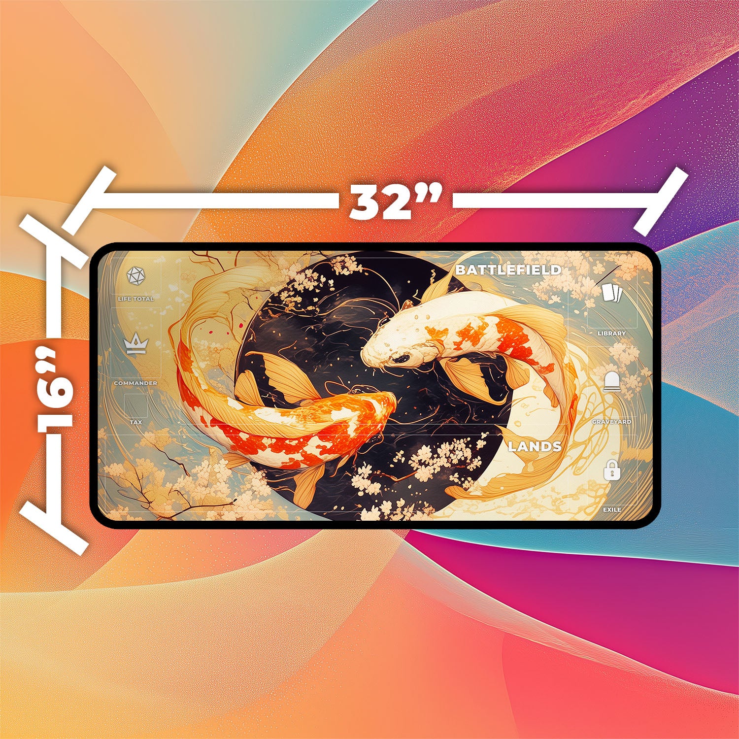 Koi Yin-Yang Playmat | TCG Playmat | Japanese Cherry Blossoms with Zones Option | 24x14 | 22x12 | 32x16 Sizes