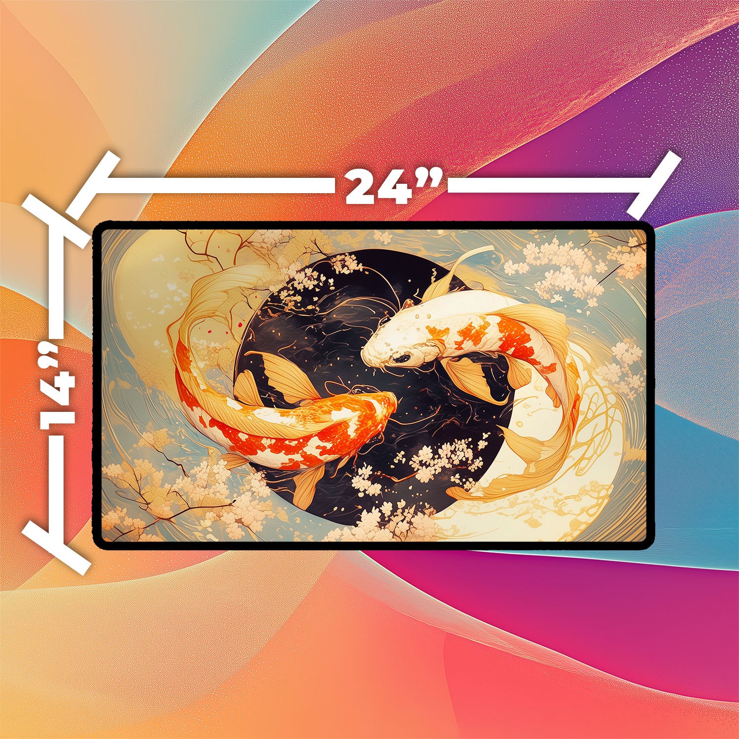 Koi Yin-Yang Playmat | TCG Playmat | Japanese Cherry Blossoms with Zones Option | 24x14 | 22x12 | 32x16 Sizes