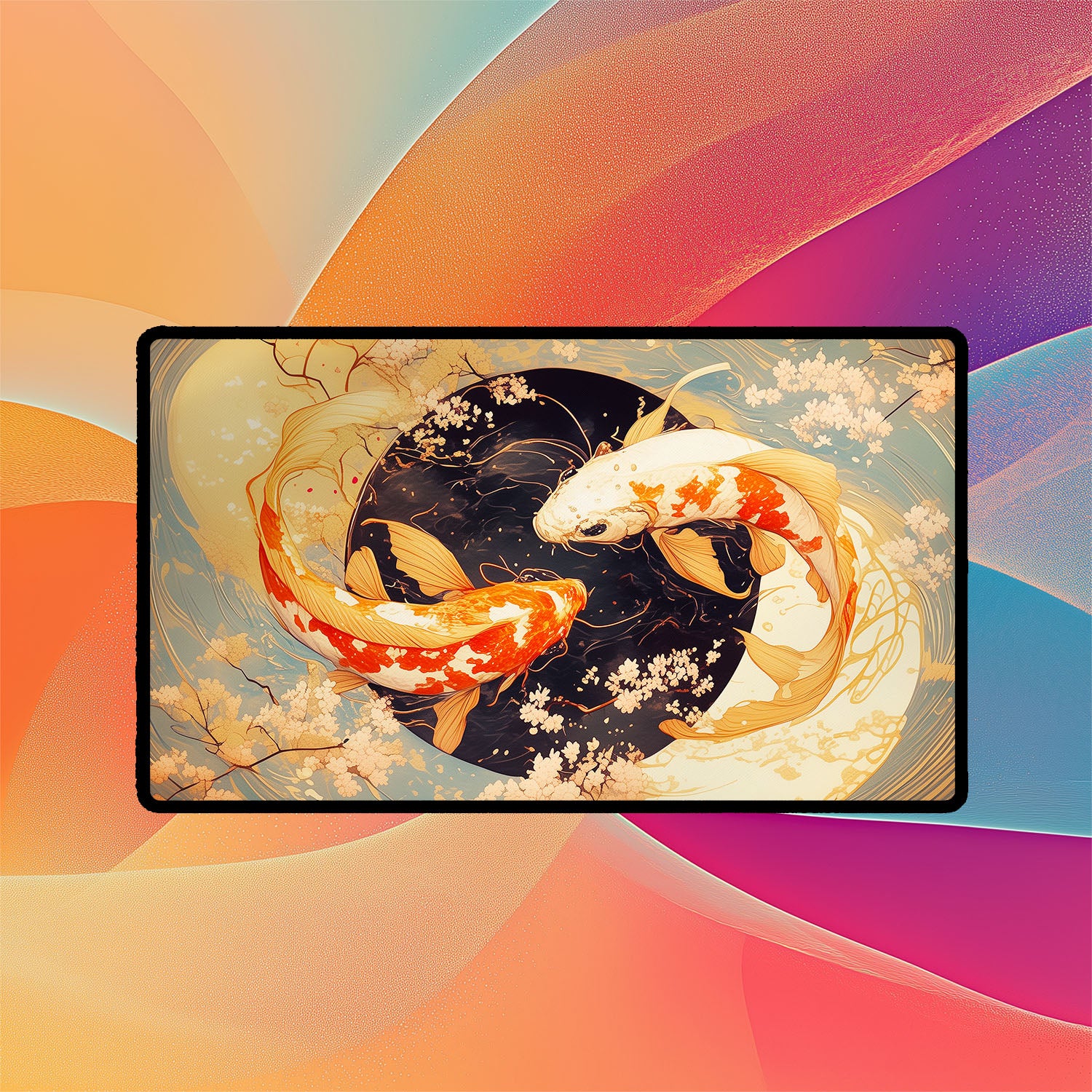 Koi Yin-Yang Playmat | TCG Playmat | Japanese Cherry Blossoms with Zones Option | 24x14 | 22x12 | 32x16 Sizes
