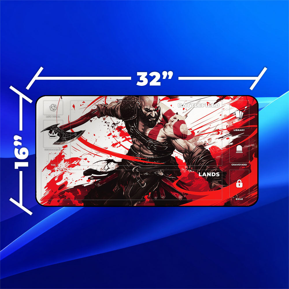 Kratos Playmat | Magic the Gathering Playmat | Axe Strike Blood Swirl Art With MTG Zones Option | 24x14 | 32x16 Sizes