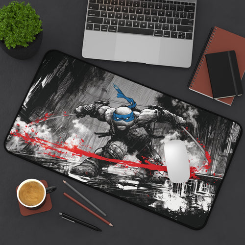 Leonardo TMNT playmat featuring bold black noir art of Leonardo poised for action.