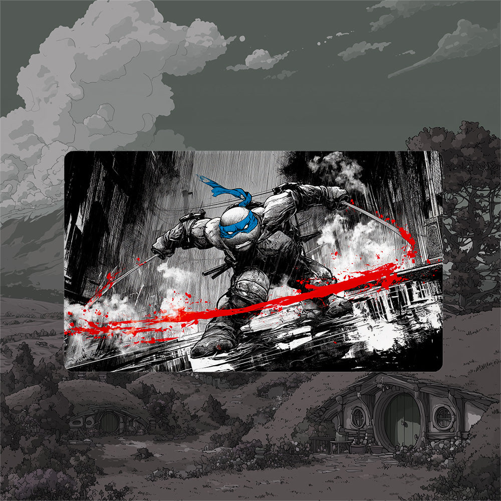 Leonardo TMNT borderless playmat featuring bold black noir art of Leonardo in action with splashes of red.