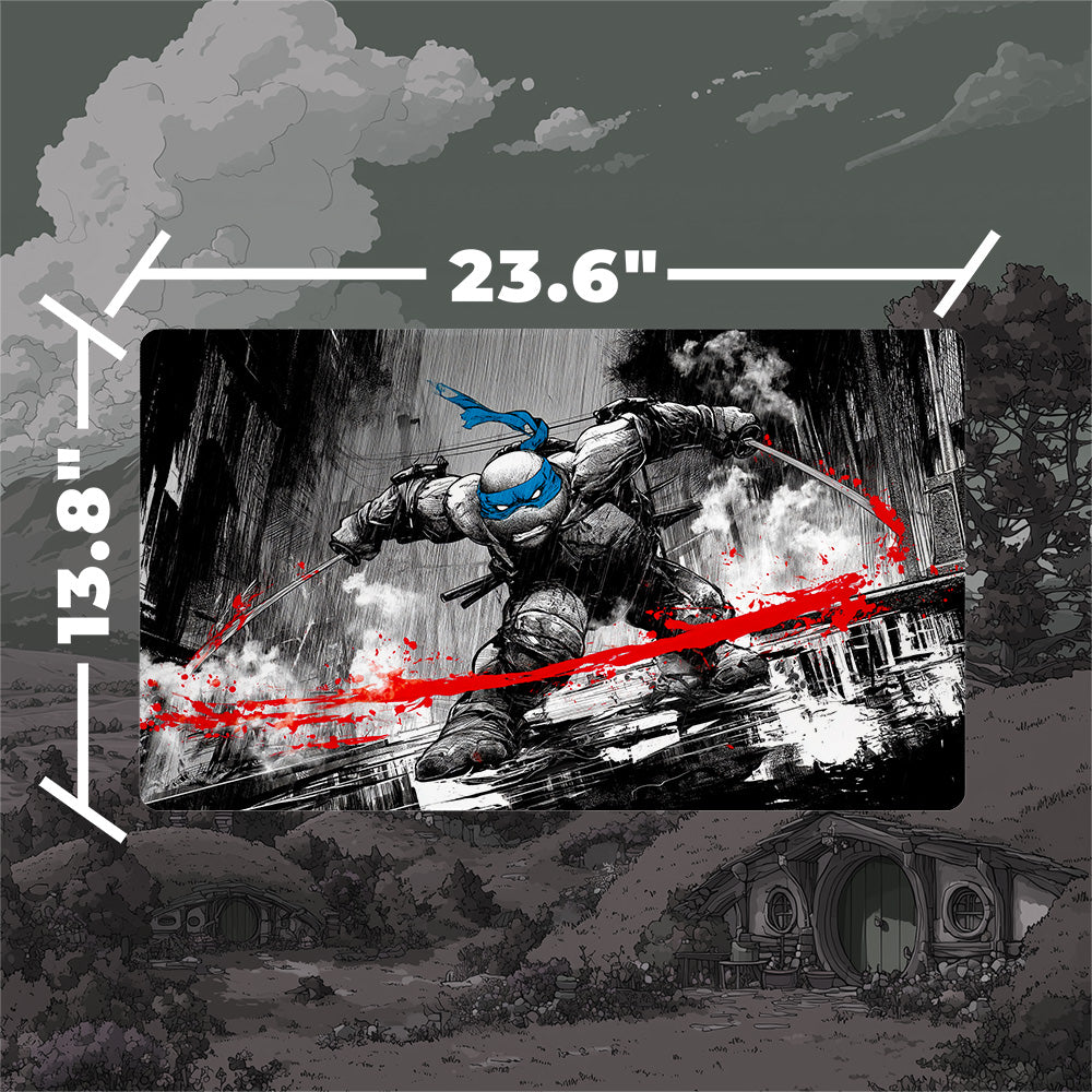 Leonardo TMNT borderless playmat featuring dynamic black noir art and vibrant red accents.