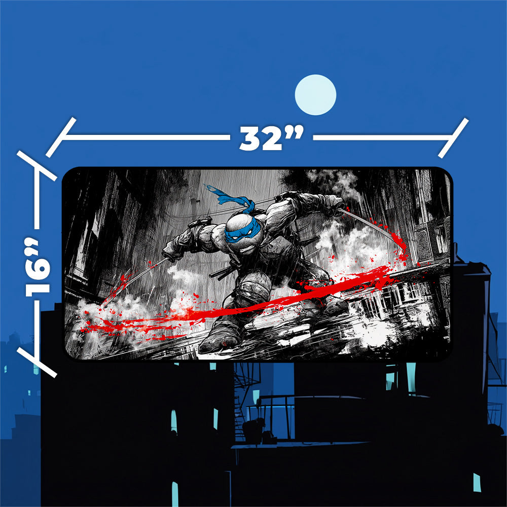 Leonardo TMNT playmat dimensions 32x16 inches, featuring dynamic black noir art of Leonardo in action.