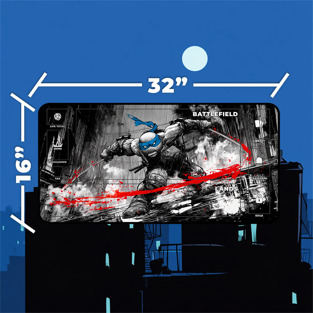 Leonardo TMNT playmat design with dynamic black and white art featuring Leonardo in action, measuring 32x16 inches.