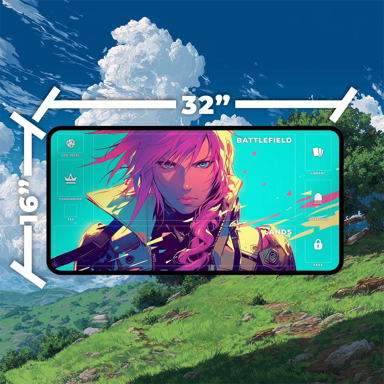 Lightning, Army of One Playmat | Final Fantasy Playmat | Iconic Fantasy Warrior Playmat with Zones Option | 24x14 | 22x12 | 32x16 Sizes