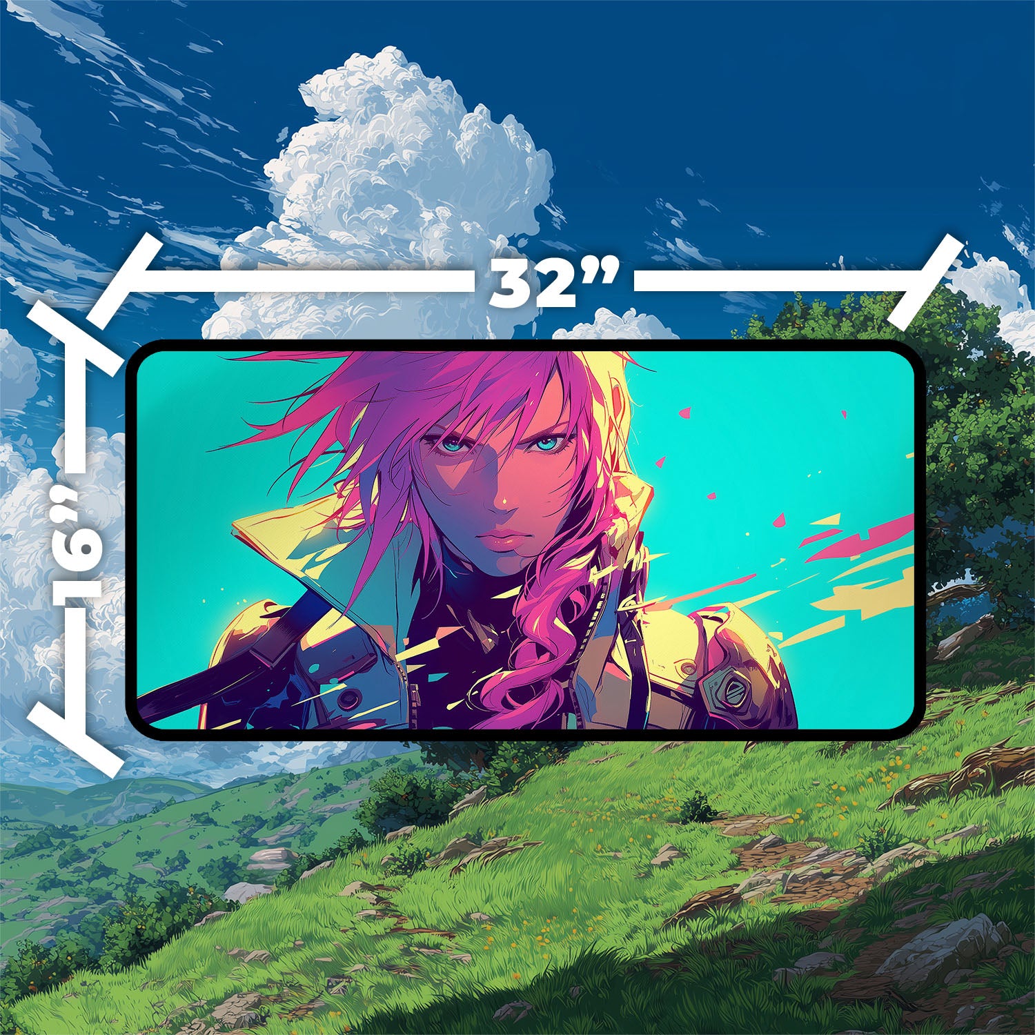Lightning, Army of One Playmat | Final Fantasy Playmat | Iconic Fantasy Warrior Playmat with Zones Option | 24x14 | 22x12 | 32x16 Sizes