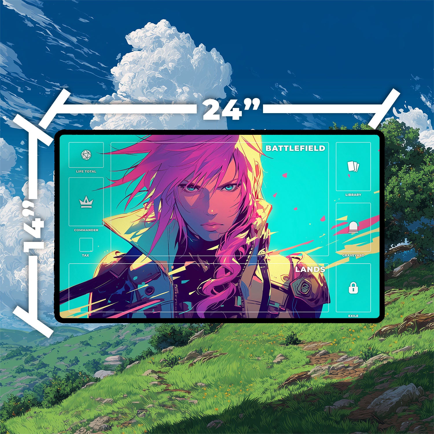 Lightning, Army of One Playmat | Final Fantasy Playmat | Iconic Fantasy Warrior Playmat with Zones Option | 24x14 | 22x12 | 32x16 Sizes