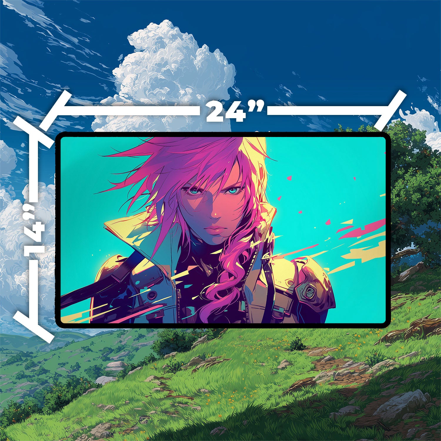 Lightning, Army of One Playmat | Final Fantasy Playmat | Iconic Fantasy Warrior Playmat with Zones Option | 24x14 | 32x16 Sizes