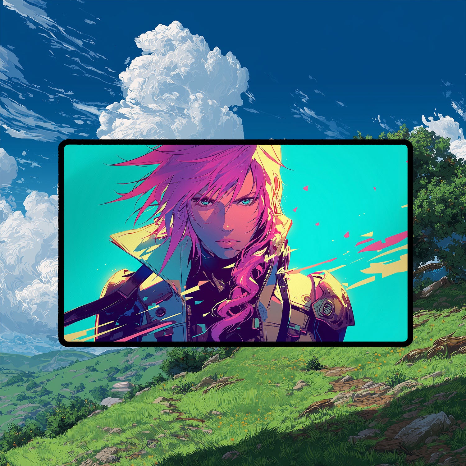 Lightning, Army of One Playmat | Final Fantasy Playmat | Iconic Fantasy Warrior Playmat with Zones Option | 24x14 | 22x12 | 32x16 Sizes