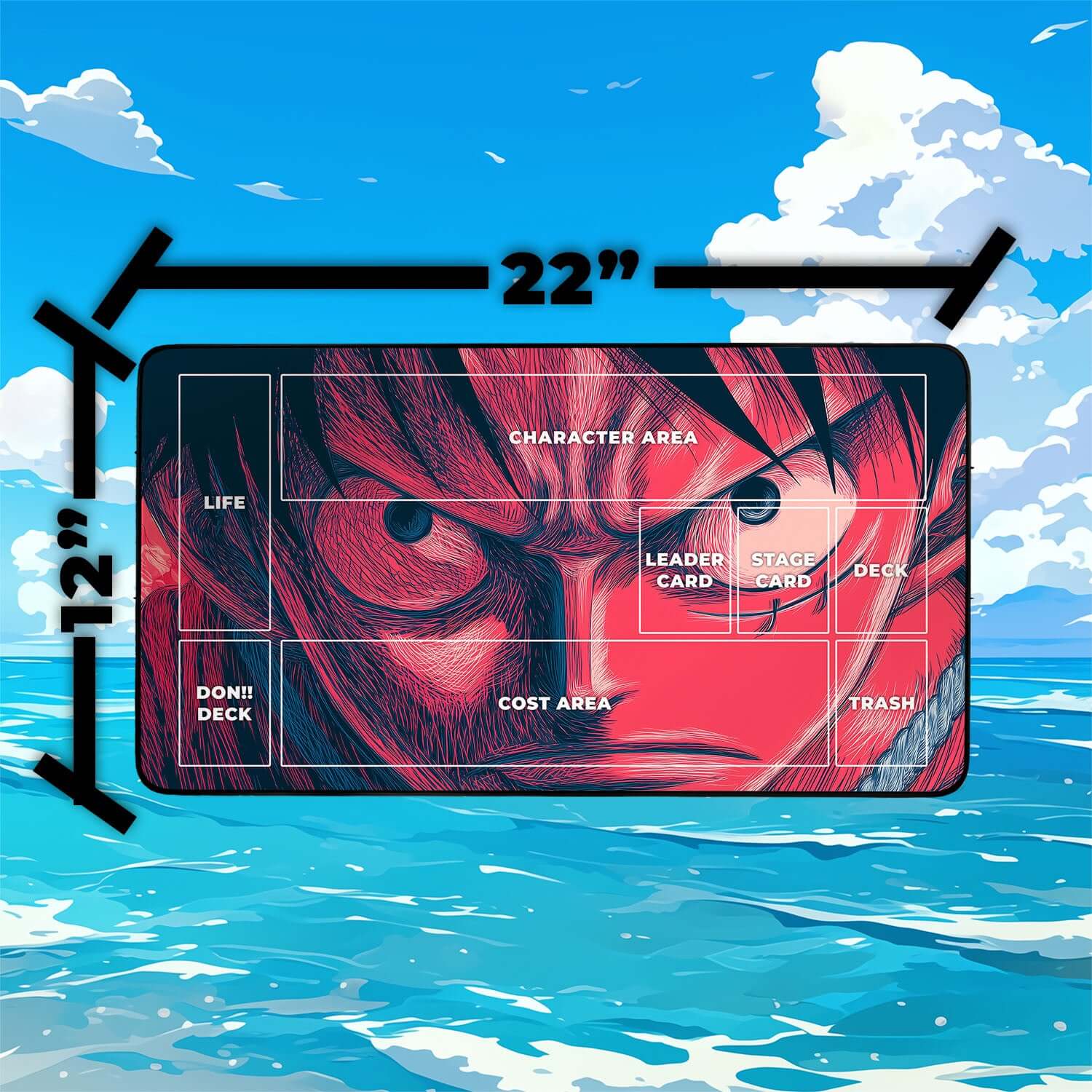 Monkey D. Luffy Playmat | One Piece Playmat | Straw Hat Crew Playmat with Zones Option | 24x14 | 22x12 | 32x16 Sizes