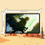 Luke Skywalker playmat featuring a dramatic battle scene with a lightsaber in a vivid Star Wars landscape.