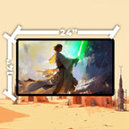 Luke Skywalker playmat showcasing the Jedi Master wielding a green lightsaber against a dramatic backdrop.