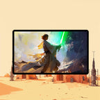 Luke Skywalker playmat featuring a powerful Jedi Master with a green lightsaber in dramatic lighting.