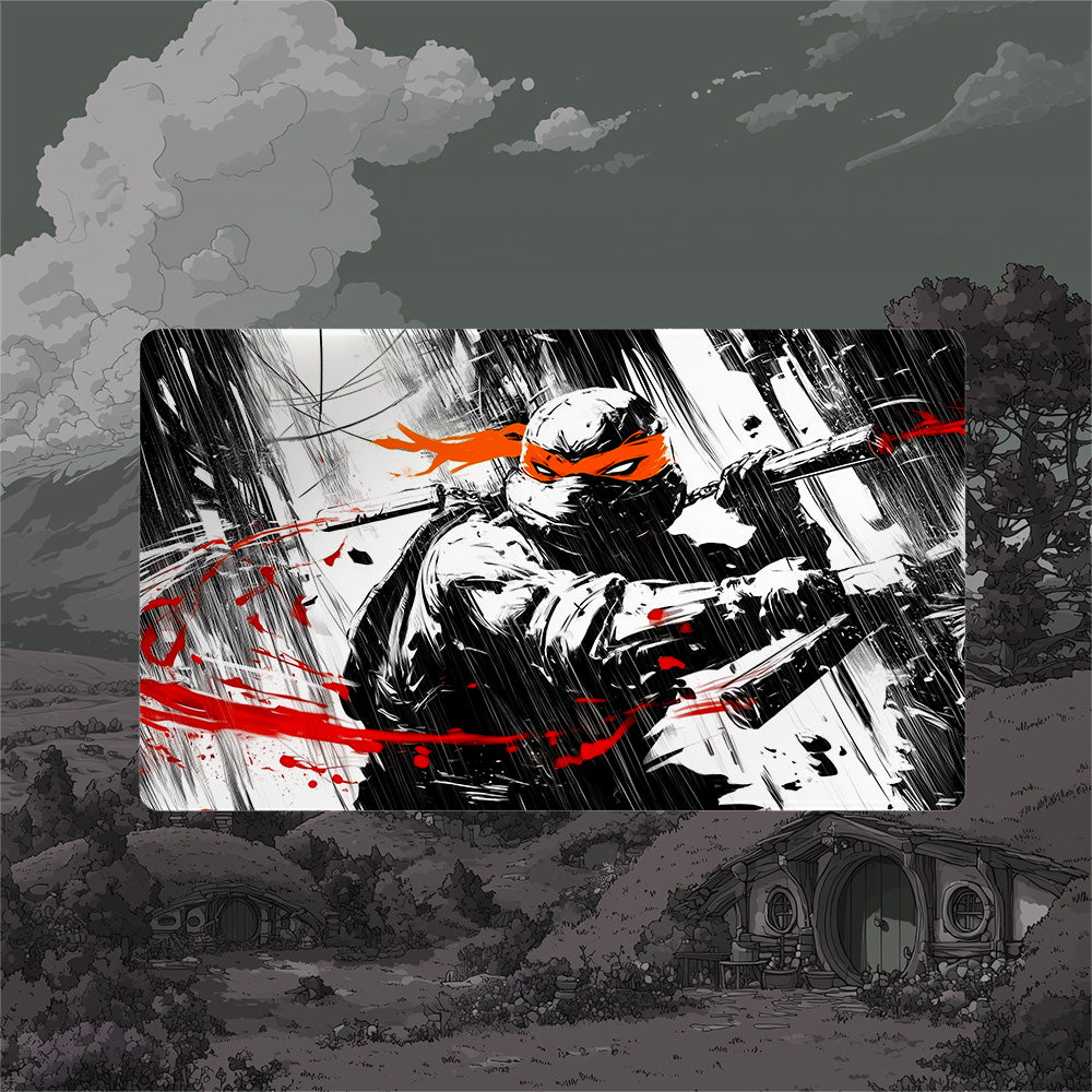 Michelangelo TMNT borderless playmat featuring bold black noir art of the orange-masked turtle in action.