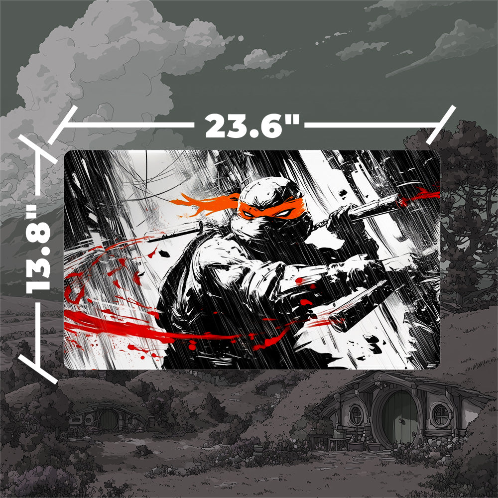 Michelangelo TMNT borderless playmat featuring bold black and white art with orange accents and dynamic action design.
