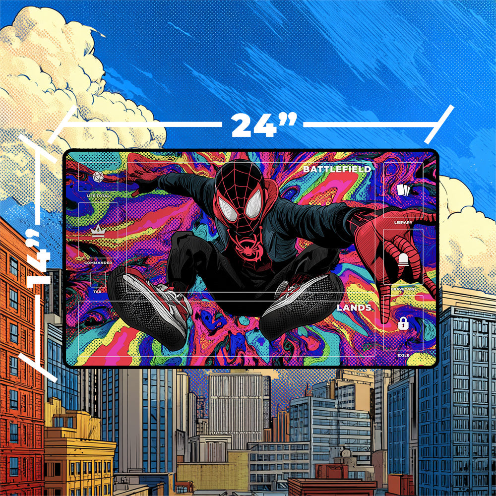 Miles Morales Playmat | Magic the Gathering Playmat | Psychedelic Spider-Verse with Zones Option | 24x14 | 32x16