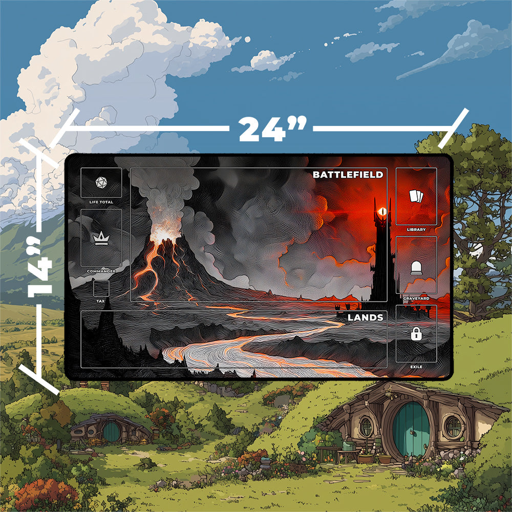 Mordor playmat featuring Mount Doom and Barad-dur in dramatic engraving style, perfect for tabletop gaming.