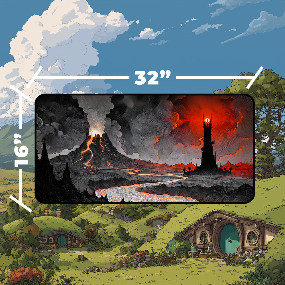 Mordor playmat featuring Barad-dur and Mount Doom with volcanic landscapes in detailed engraving art style.