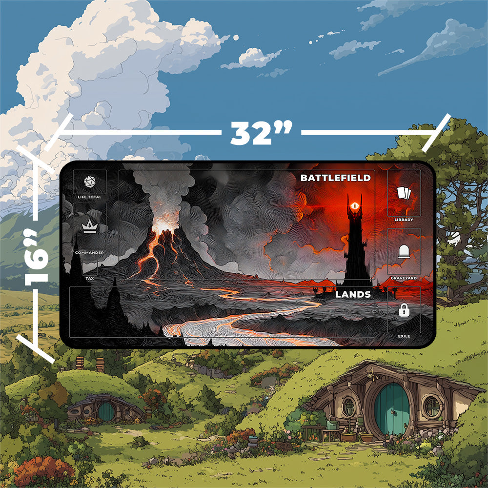 Mordor playmat featuring Barad-dur and Mount Doom, showcasing volcanic landscape and dramatic artwork, measuring 32x16 inches.