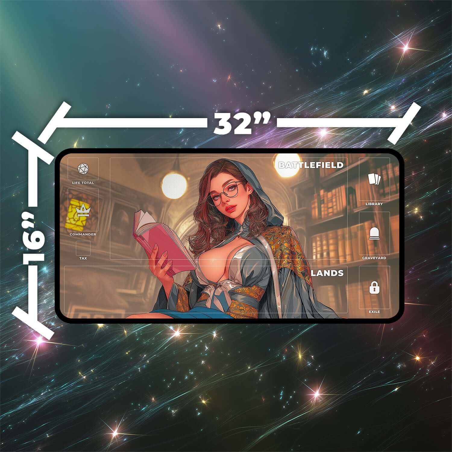 Mystical Tutor Playmat | Magic the Gathering Playmat | Sorceress Playmat with Zones Option | 24x14 | 22x12 | 32x16 Sizes