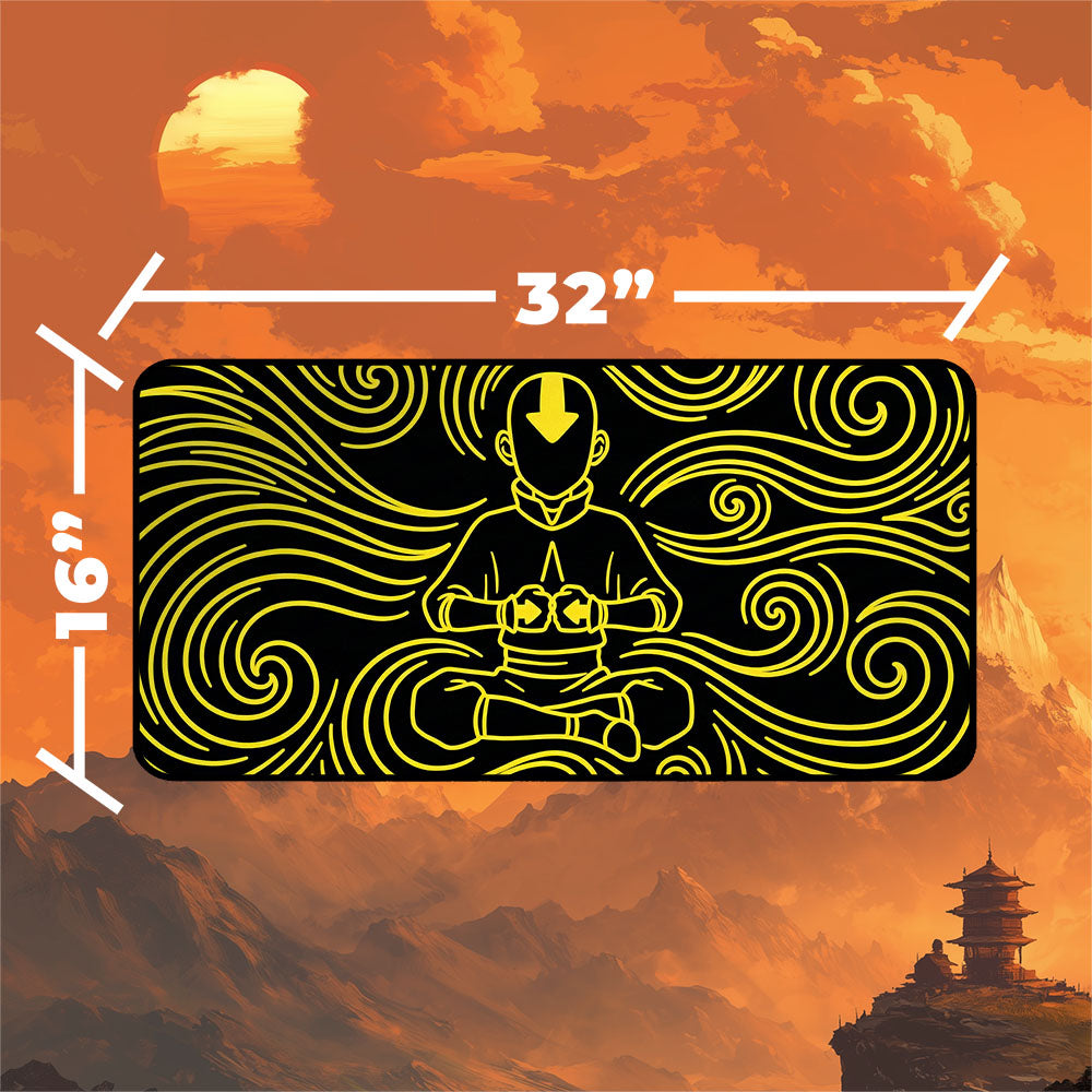 Neon Aang playmat with airbending design, featuring Aang in meditation pose, measuring 32 x 16 inches.