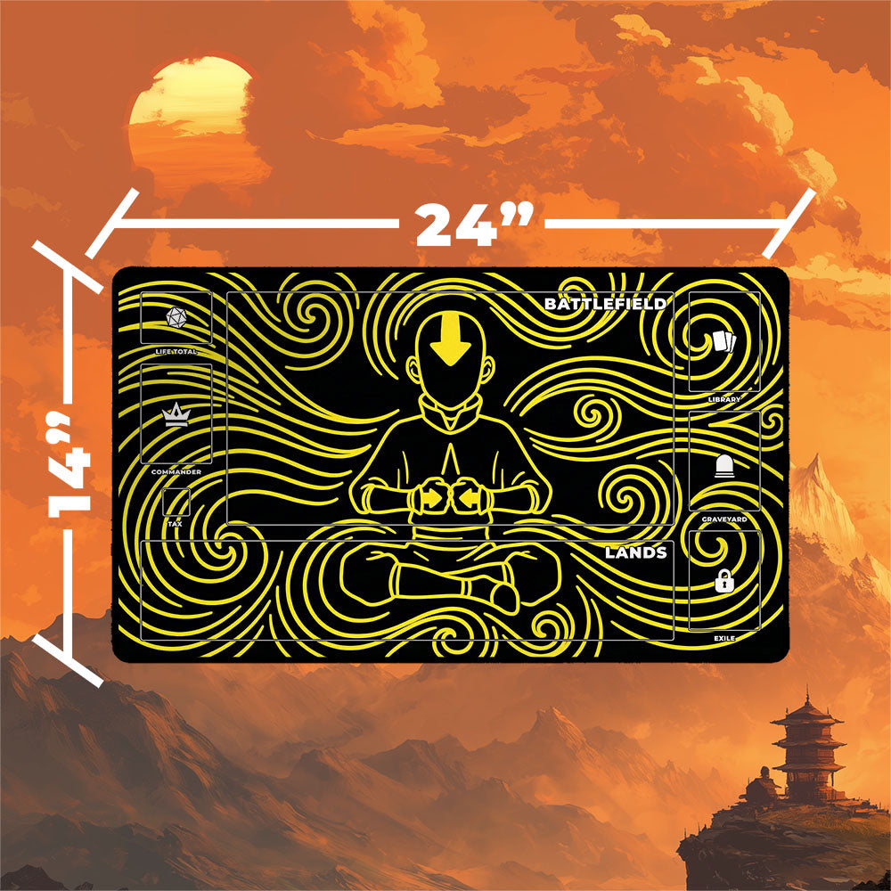 Neon Aang playmat featuring a meditative pose with swirling designs, dimensions 24x14 inches for tabletop games.