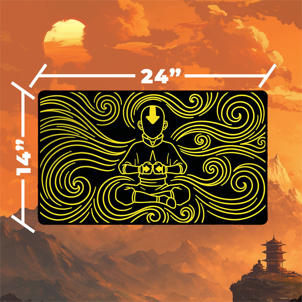 Neon Aang playmat featuring Aang in a meditative pose, with swirling designs in neon yellow, dimensions 24" x 14".