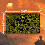 Neon Aang playmat featuring Aang in a meditative pose, with swirling designs in neon yellow, dimensions 24" x 14".