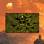 Neon Aang playmat featuring a serene airbending meditation pose with flowing neon patterns.