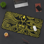 Neon Aang playmat featuring Aang in a meditative pose with vibrant yellow designs on a dark background.