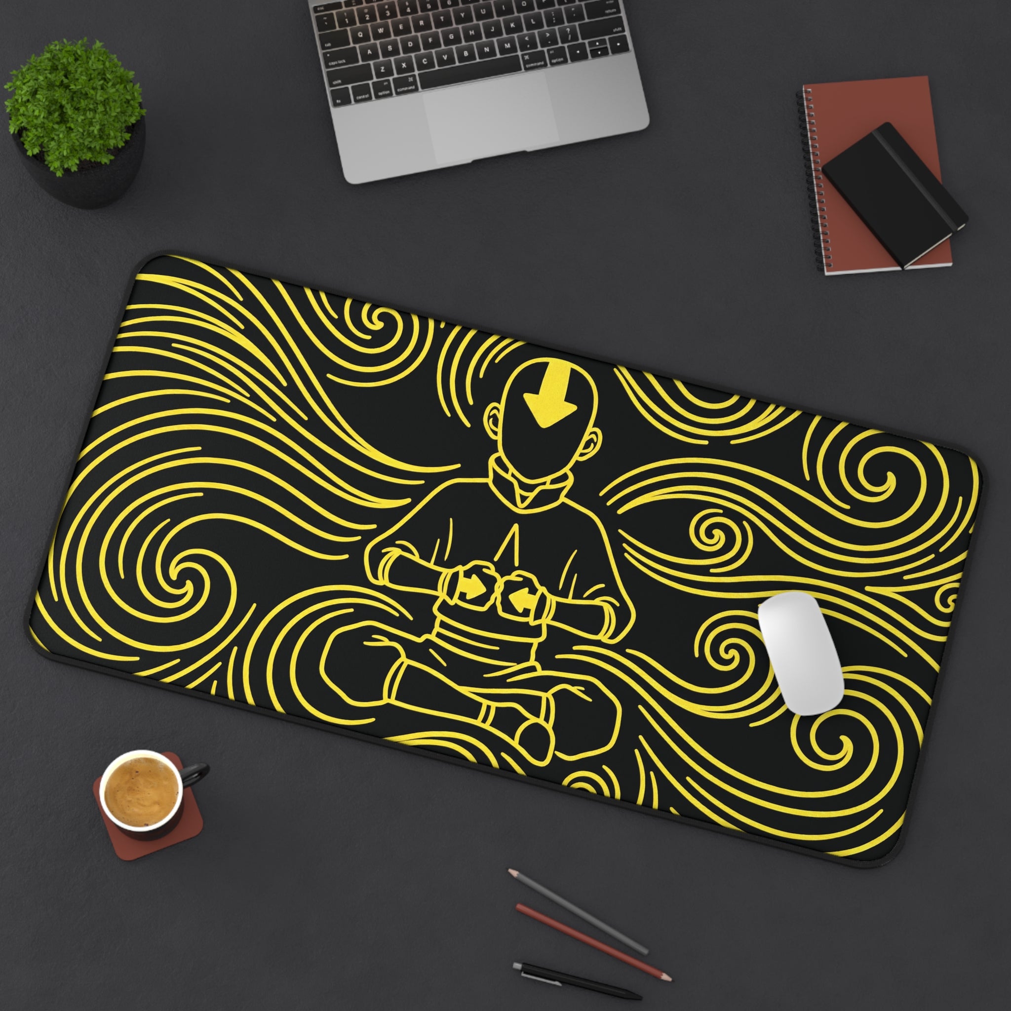 Neon Aang playmat featuring Aang in a meditative pose with vibrant yellow designs on a dark background.