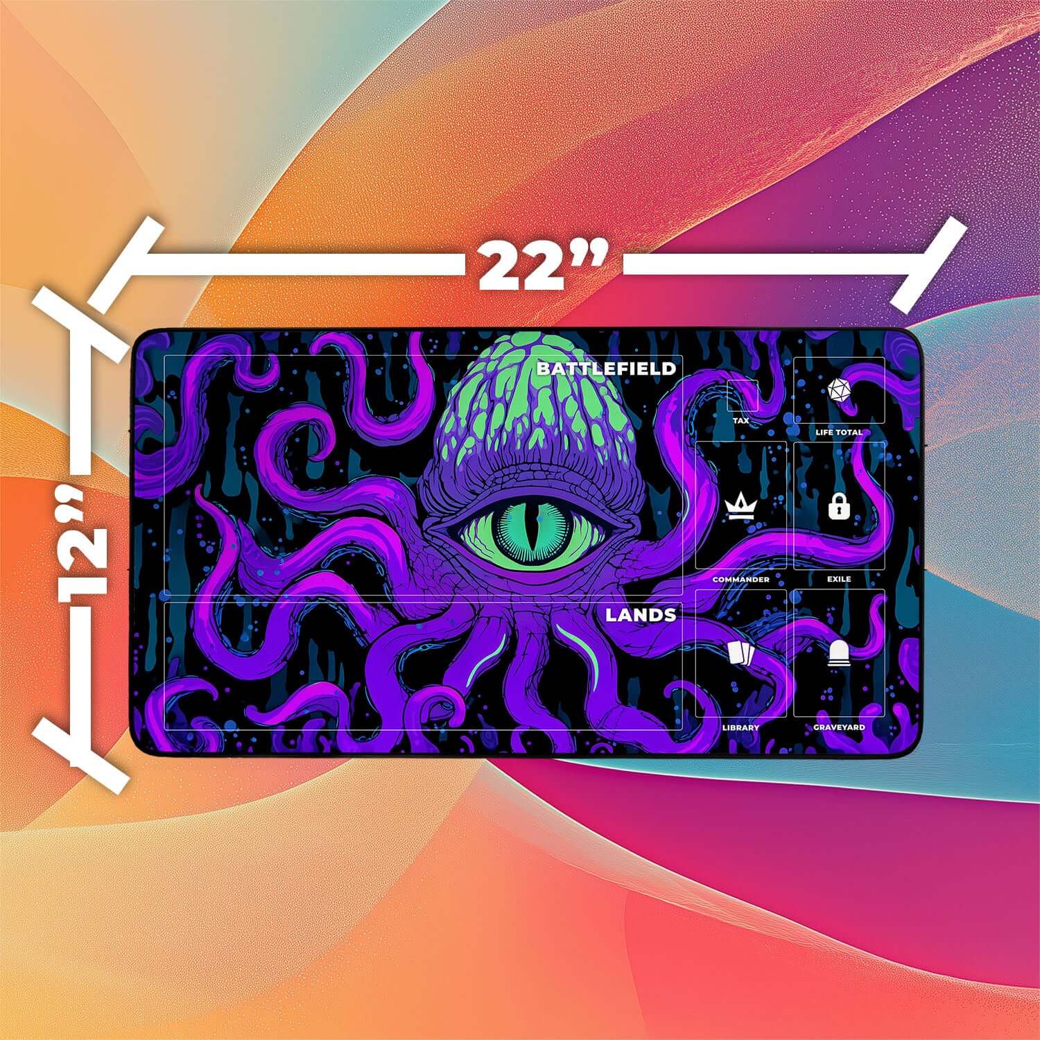 Psychedelic Cthulhu Eye Playmat | Magic the Gathering Playmat | Neon Tentacle Playmat with Zones Option | 24x14 | 22x12 | 32x16 Sizes
