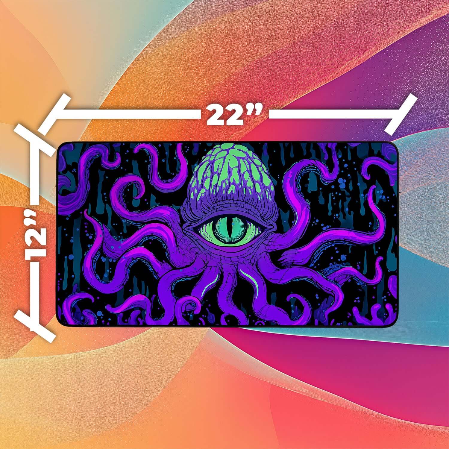 Psychedelic Cthulhu Eye Playmat | Magic the Gathering Playmat | Neon Tentacle Playmat with Zones Option | 24x14 | 22x12 | 32x16 Sizes