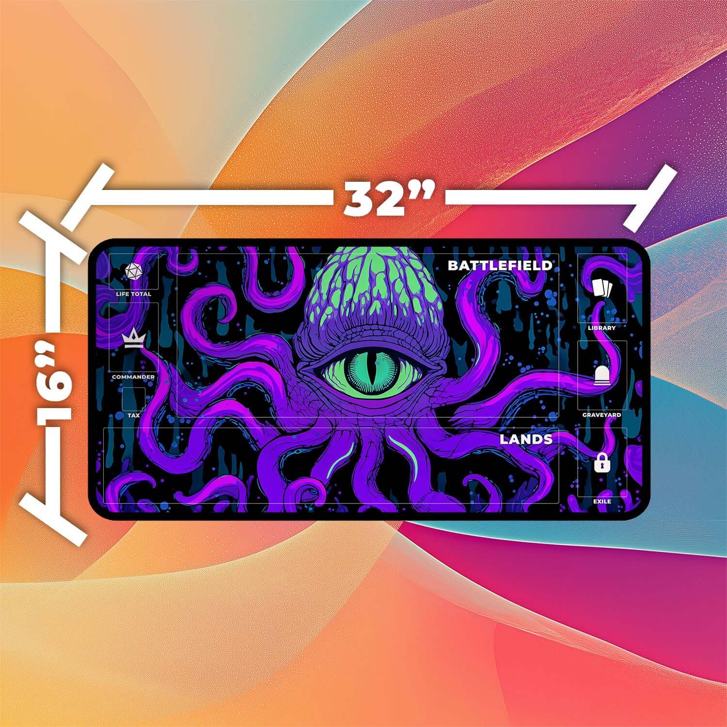 Psychedelic Cthulhu Eye Playmat | Magic the Gathering Playmat | Neon Tentacle Playmat with Zones Option | 24x14 | 22x12 | 32x16 Sizes