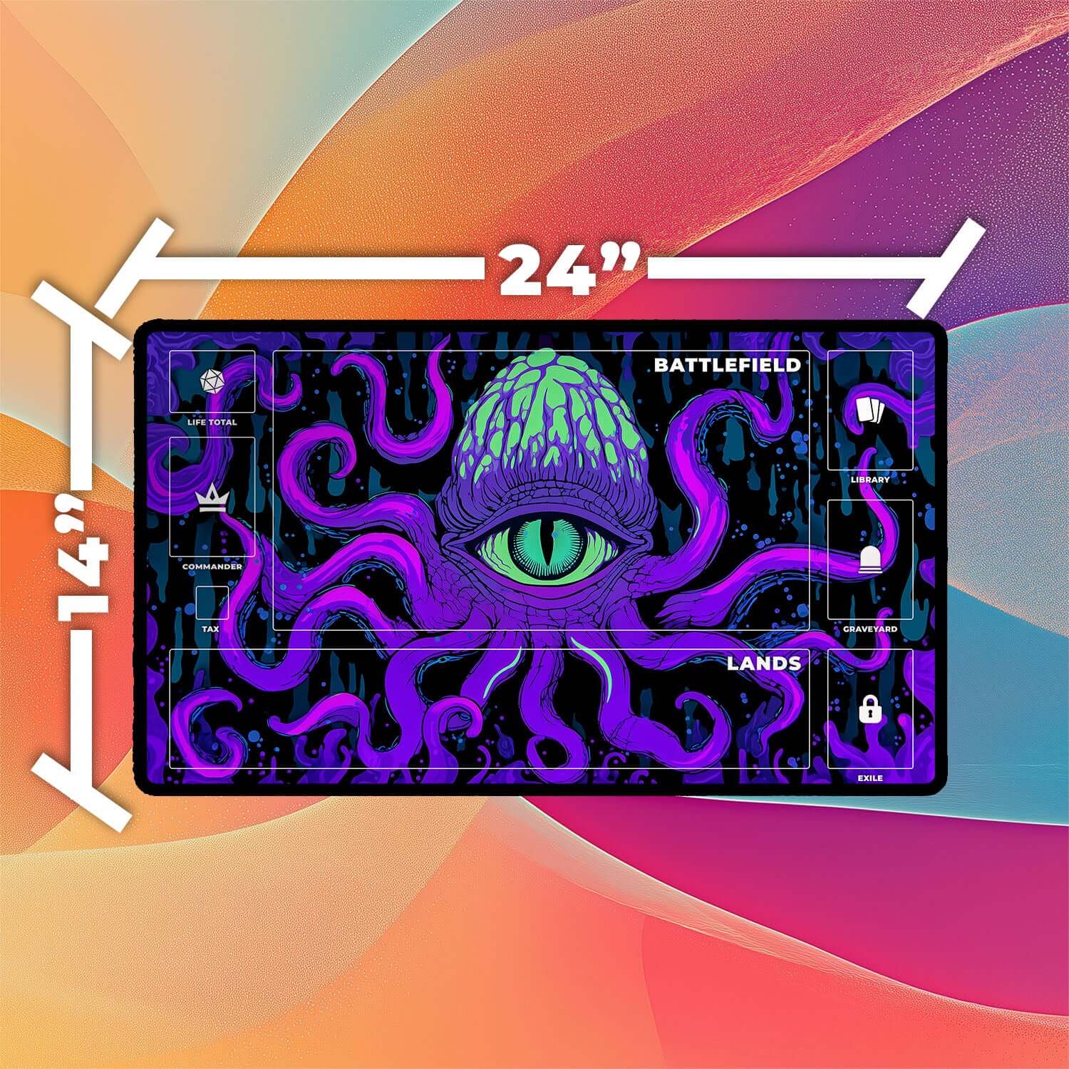 Psychedelic Cthulhu Eye Playmat | Magic the Gathering Playmat | Neon Tentacle Playmat with Zones Option | 24x14 | 22x12 | 32x16 Sizes